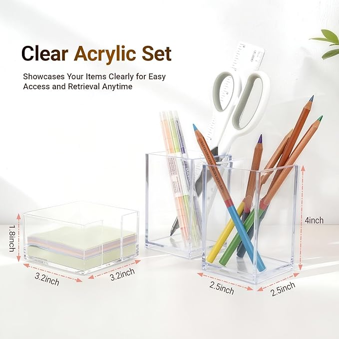 3 Pcs Acrylic Pen Pencil holder and Sticky Note Holder,Clear Desk Organizer,Desk Accessories for Office School Home