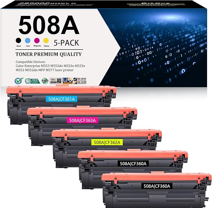 508A Toner Cartridge Combo Pack (5-Pack, 2Black/1Cyan/1Magenta/1Yellow) Compatible 508A 508 Toner Cartridges CF360A CF361A CF362A CF363A Replacement for M553 M552 553 MFP M577 Series Printer