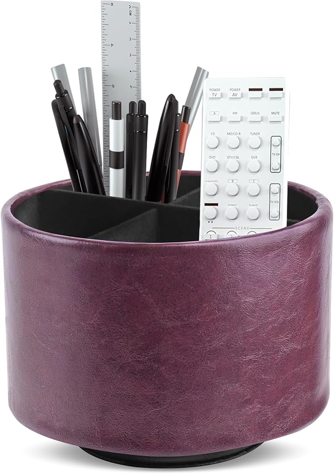 Hennaja Round Leather Art Supply Organizer,Remote Control Holder,360 Degree Spinning,Multi-Functional Pencil Holder,4 Compartments Desktop Stationary Organizer(1-Oil Brown)