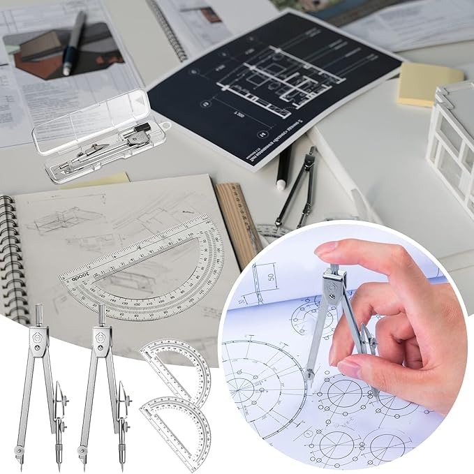 Zonon 2 Set Protractor and Compass Set, Student Geometry Math Set Drawing Compass and 6 Inch Clear Swing Arm Protractors 180 Degree Math Protractor