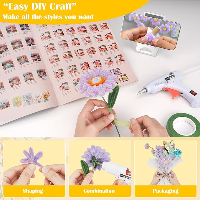 500 PCS Pipe Cleaners Craft Kit for Flower Making Daisy DIY Material Bundle with 20 Stems, 100 Stamens, Ribbon, Tulle, Glue Sticks & Step-by-Step Guide - Vibrant Colors, Non-Shedding, Fade-Resistant