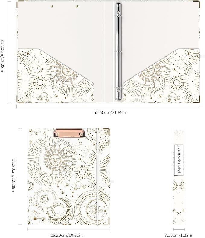 Ospelelf 3 Ring Binder, 1/2 Inch, Cute Letter Size (11" x 8.5") with 5 Tab Dividers, File Folder Labels and Low Profile Clipboards, Tarot Cards Binder for School and Office Supplies