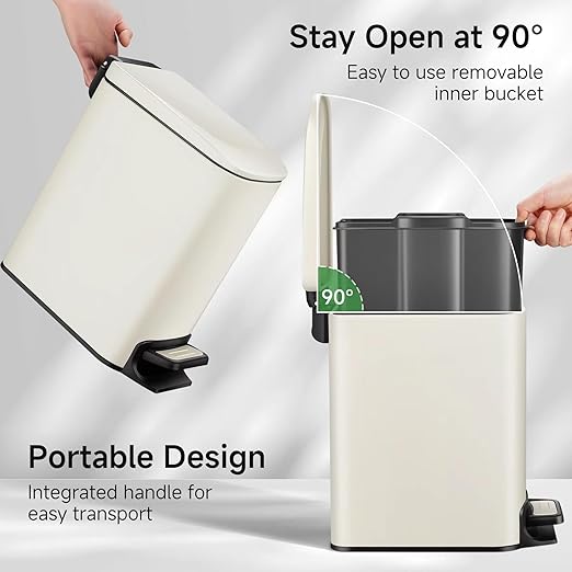 TIPGO Slim Bathroom Trash Can with Lid Soft Close, 6 Liter / 1.6 Gallon Stainless Steel Garbage with Removable Inner Bucket, Small Trash Bins for Bedroom, Office (Cream)