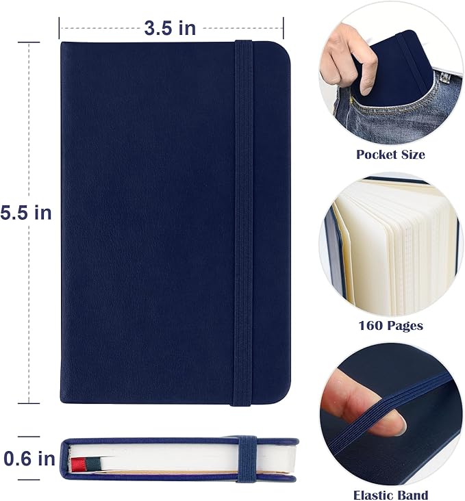 Pocket Dotted Notebook, 2-Pack Dot Grid Notebook, Dotted Journal with Stickers, 3.5" x 5.5" Hardcover, Small Mini A6 size, 160 Pages, 100 gsm Thick Paper, Navy Blue