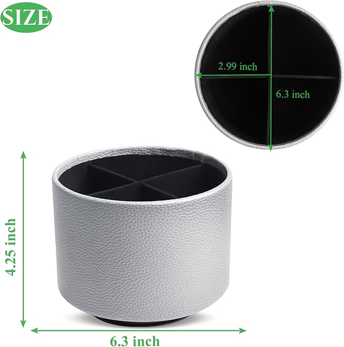 Hennaja Round Leather Art Supply Organizer,Remote Control Holder,360 Degree Spinning,Multi-Functional Pencil Holder,4 Compartments Desktop Stationary Organizer(1-Lichee Silver)