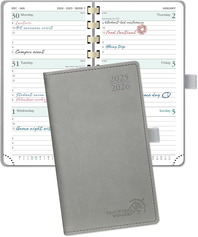 POPRUN Pocket Planner 2025-2026 (Slim Size 3.5'' x 6.5'') Academic Purse Calendar (July 2025 - June 2026) with Hourly Time Slots, 100GSM Thick Paper, Spiral Soft Cover - Grey
