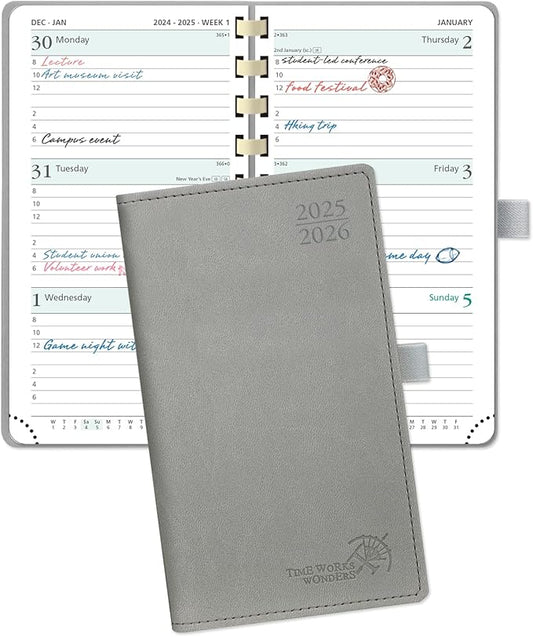 POPRUN Pocket Planner 2025-2026 (Slim Size 3.5'' x 6.5'') Academic Purse Calendar (July 2025 - June 2026) with Hourly Time Slots, 100GSM Thick Paper, Spiral Soft Cover - Grey