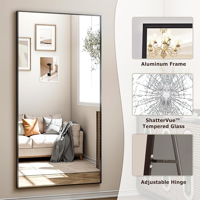 26"x71" Full Length Mirror, Adjustable Standing/Wall Mounted Floor Mirror for Bedroom, Living Room, Entryway, Large Black Leaning Mirror with Shatterproof Glass