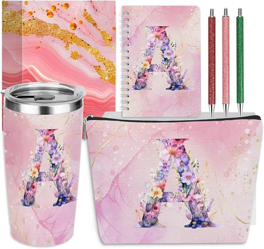 Personalized Gifts Monogrammed Birthday Gifts for Women, Bridesmaid Bachelorette Party Wedding Christmas Initial 20 oz Tumbler, Makeup Bag Pens Journal Notebook 6 Set, (Aesthetic Pink Flower A)