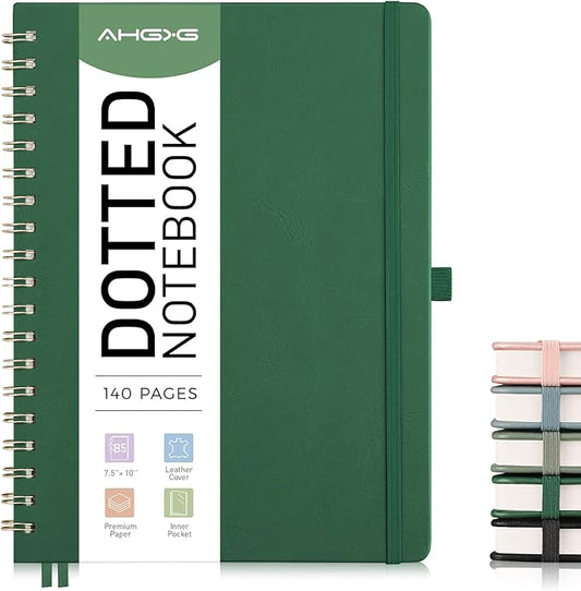 AHGXG Bullet Dotted Journal Spiral Notebook, Large B5 Dotted Notebook 140 Pages, Leather Hardcover, 100 GSM Thick Dot Grid Paper, Inner Pocket, for Bullet Journaling, 7.6" x 10", Green