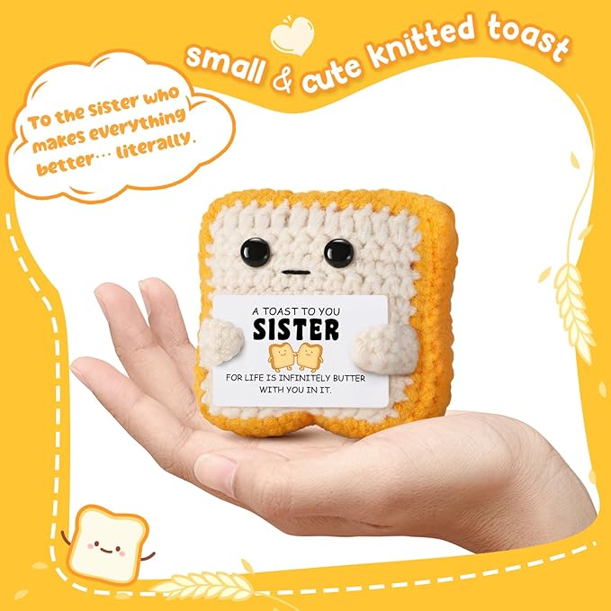 Funny Sister Gift Handmade Crochet Toast Plush with Pun Card, Cute Birthday Gifts for Sister, Women, Appreciation Present, Thanksgiving, Christmas Stocking Stuffers from Brother, Sister, Bestie friend