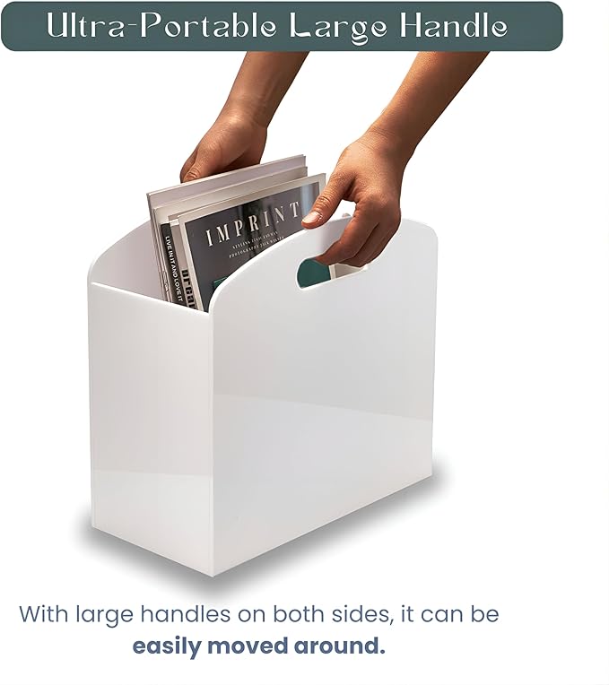 White Magazine Holder - Acrylic Magazine Rack Floor, Newspaper Stand with handles, Modern Lucite Magazine and Book Basket Box for Bathroom, Bedroom, Living Room