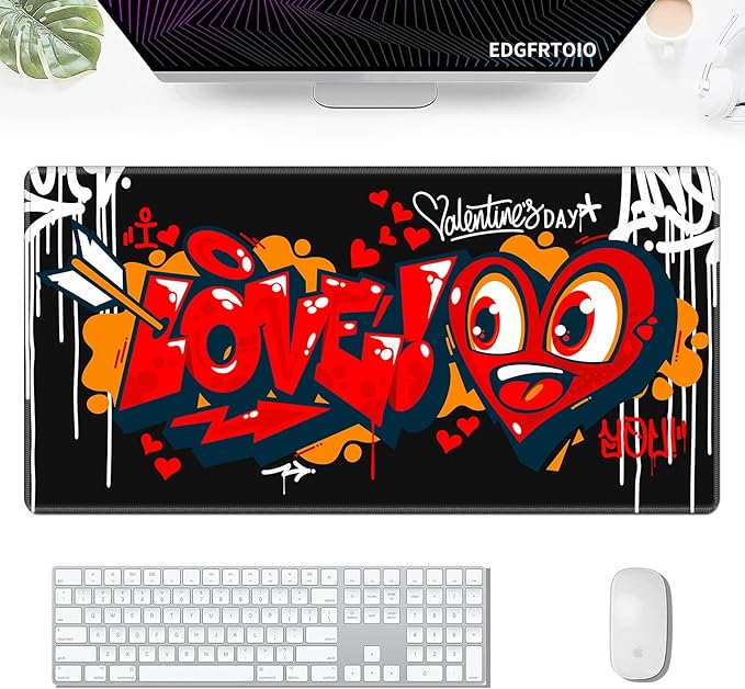 Gaming Mouse Pad, Keyboard Mouse Pad 31.5x15.7 inch XXL Large Computer Laptop Cool Desk Mat with Non-Slip Rubber Base and Stitched Edge for Home Office Work, Black Love Graffiti