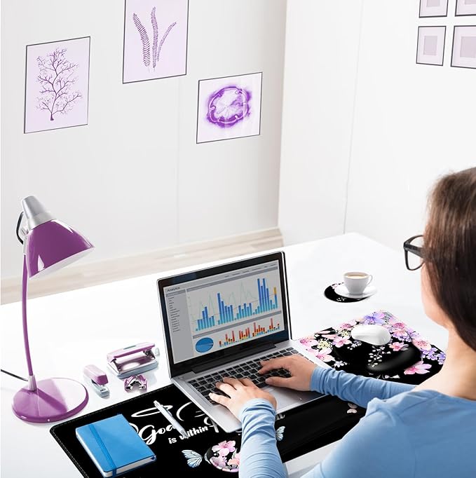 ARTSO Large Mouse Pad Ergonomic Keyboard Wrist Rest Support Combo, Psalm 46:5 God is Within Her, She Will not Fall -Bible Verse Flower Butterfly Extended Desk Mat Blotter