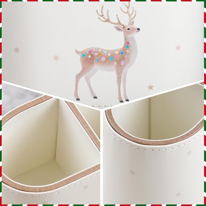 Christmas Pen Holder for Desk, PU Leather Pencil Holder for Desk with 2 Compartments for Home Office Supplies, Christmas Decorations Pencil Cup Desk Organizer