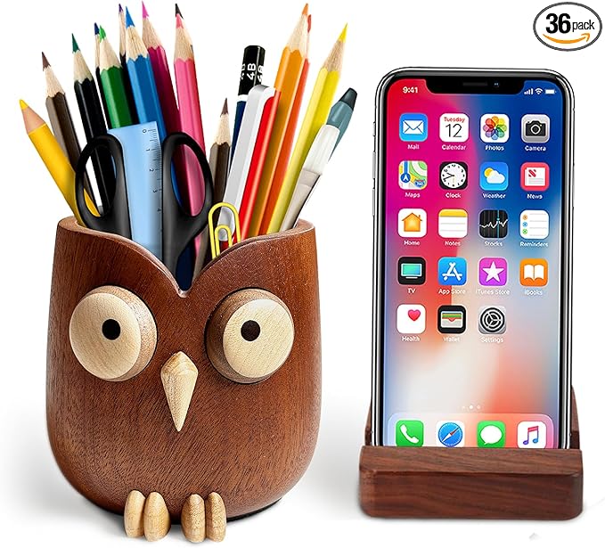 Cute owl pen holder Desk Organizer Decoration Pencil Holder Stand pen holder for desk phone stand for desk phone holder whole wood carving for office school Home office accessories gifts (dark brown)