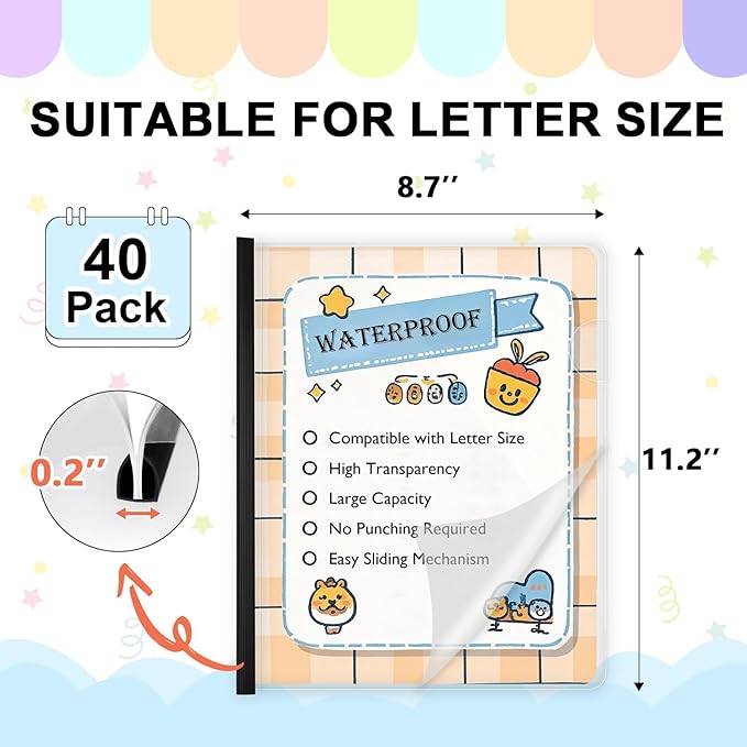 TOTiyea 40 Pack Clear Report Covers with Sliding Bars, 5mm (40 Sheet Capacity) Black Sliding Bar File Folders, for Letter Size