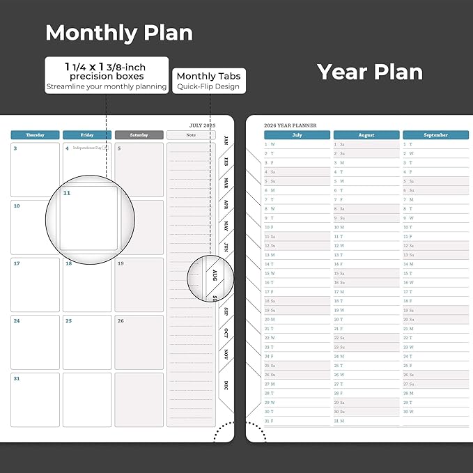 Planner 2025-2026 Daily Weekly and Monthly,8.5"x6.5",18 Months Spiral Bound Calendar Agenda with Self-adhesive Pen Holder,2026 Academic Plan with Vegan Leather Soft Cover,Black