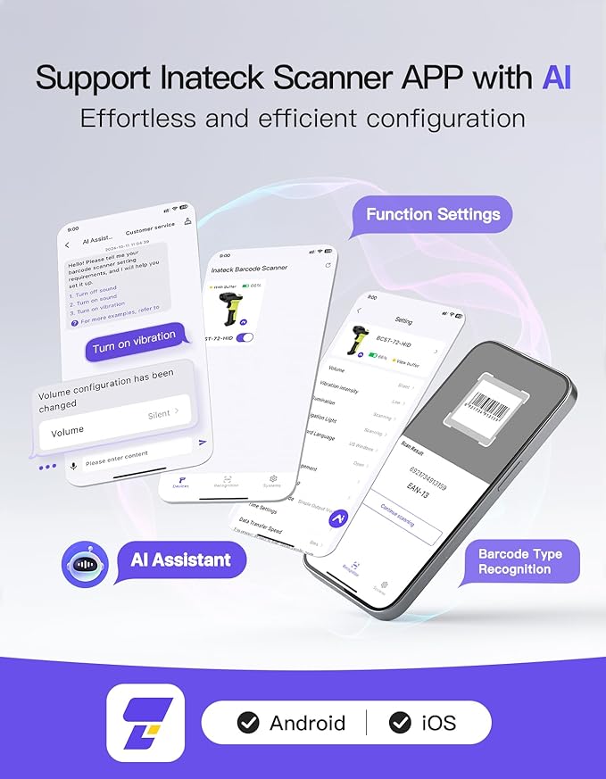 Inateck 2D Barcode Scanner, Wireless Bluetooth QR Code Scanner with AI APP & SDK, 180-Day Battery Life, Fast & Accurate Scanning, Compatible with iOS/Android/Windows, BCST-72 Green