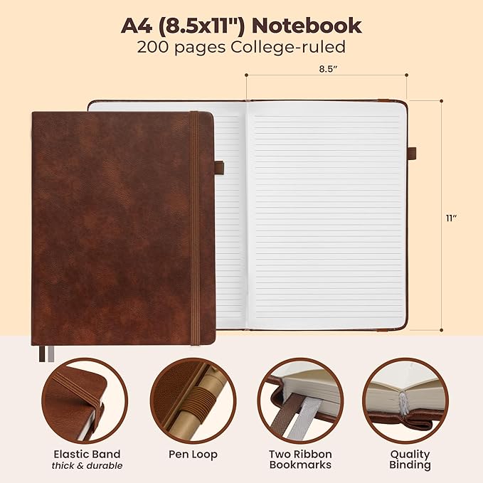 Classic Lined Journal Notebook 8.5x11" A4 Hardcover Leather - Brown - 200 Pages College Ruled Large with Sticky Tabs, Pockets, and Pen Loop for Writing and Journaling - Big Hardback Men and Women