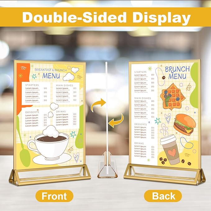 EHWINE 6 Pack Acrylic Sign Holder 5 x 7, Double Sided Gold Picture Frame Stand up Table Top Sign Holders, Clear Display Stand Menu Flyer Holder for Wedding Party
