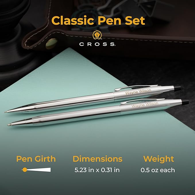 Personalized Cross Pen Set | Cross Classic Century Twist Action Ballpoint Pen & Pencil Gift Set in Lustrous Chrome. Set Includes Personalization and Gift Box.