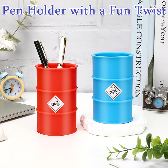 2 Pack Pen Holder for Desk, Creative Industrial Drum Barrel Pencil Holder, Cute Pencil Cup with 8 Fun Stickers, Chic Office Decor Desk Organizer- Blue & Red