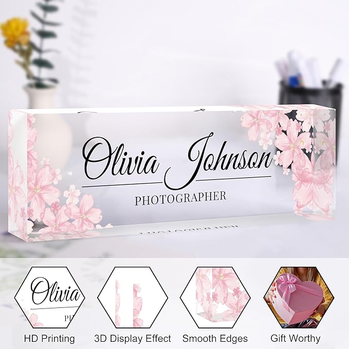 Custom Name Plate for Desk, Personalized Acrylic Office Name Sign with Name & Title, Elegant Desk Decor for Women Men, Employee Appreciation Gift (Peach Bossom)