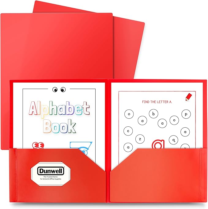 Dunwell Plastic Folders with Pockets (Red, 3 Pack), 2 Pocket Poly Folders for School, Home or Office, Durable Acid-Free Poly, Includes Removable Adhesive Labels