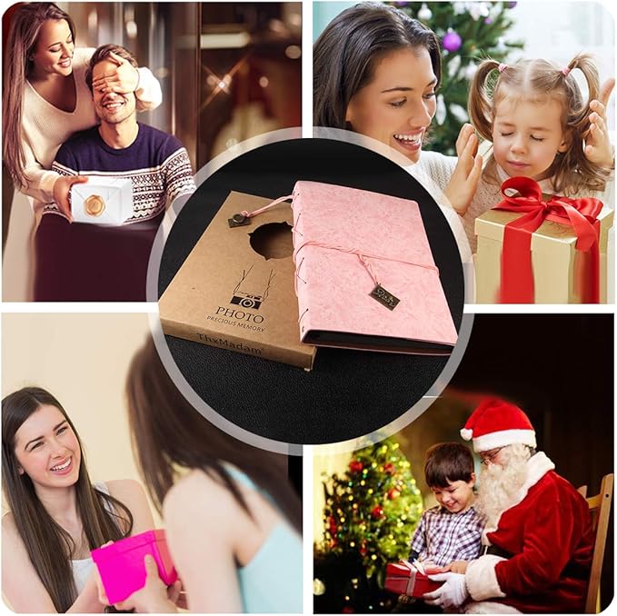 ThxMadam Pink Scrapbook Album Wedding Guest Book Vintage Leather Photo Album Love Memory Book with 60 Black Pages Present for Valentines Anniversary Mother’s Day Birthday Gift for Wife Mum Girlfriend