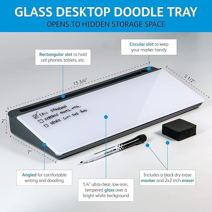 Glassboard Studio Glass Dry Erase Doodle Tray for Desktop Office Supply Storage - Marker and Eraser Included (8 Markers, Gray)