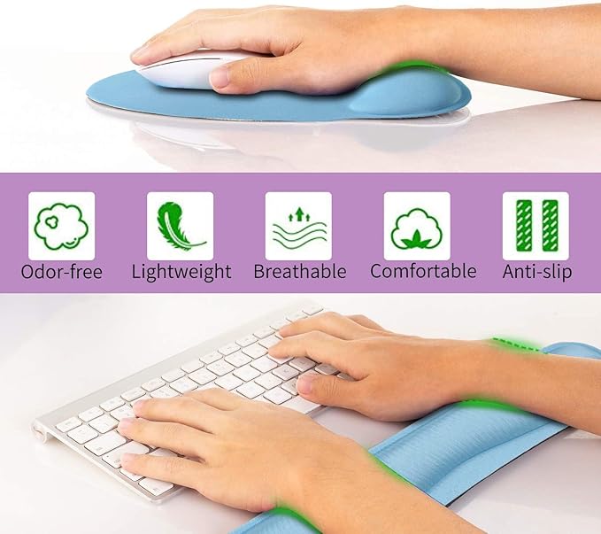 Ergonomic Keyboard Mouse Pad Wrist Rest Support Set for Laptop/Computer/Desktop,Memory Foam Hand Rest Wrist Cushion for Gaming/Office,Lightweight Comfortable & Pain Relief (Blue)