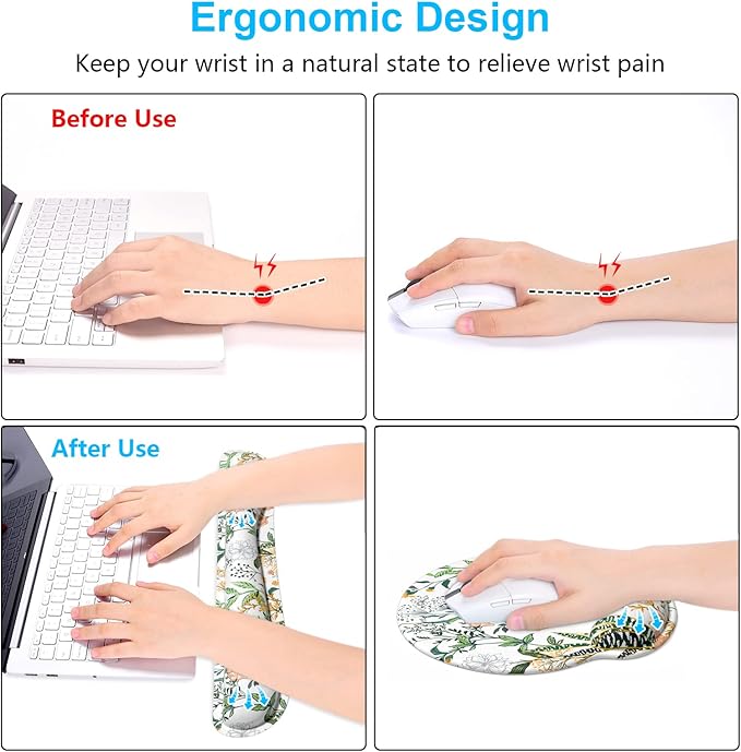 Dapesuom Keyboard Wrist Rest and Mouse Pad with Wrist Support, Cute Memory Foam Cushion for Keyboard and Mouse Set, Desktop Pad Rests with Non Slip Base for Easy Typing & Pain Relief, White Floral