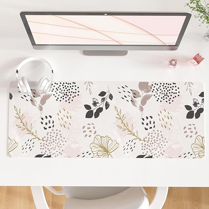 QIYI Large Mouse Pad for Desk, Cute Desk Mat for Desktop, Women Girls Office Décor Desk Accessories, PU Leather Waterproof Gaming Mousepad, Boho Botanical Desk Pad Computer Mat, 31.5" x 11.8"