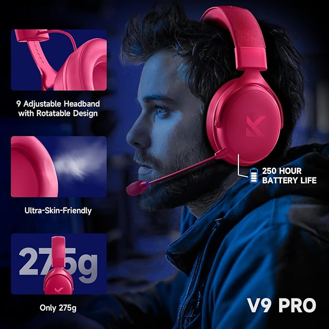 MCHOSE V9 PRO Wireless Gaming Headset 7.1 Surround Sound for PS5 PS4 PC Switch TOPSPEED Gaming Headphones, Noise Canceling Mic, 250Hr Battery, Low 15ms Latency, Lightweight, BT 5.3 FPS Games Rose&Red