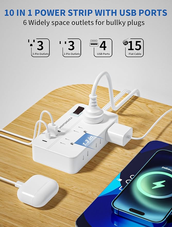 Surge Protector Power Strip - 5Ft Braided Extension Cord Flat Plug with 6 Outlets and 2 USB-A 2 USB-C Ports, 1080 Joules Wall Mounted Charging Station for Office Home ETL (15FT)