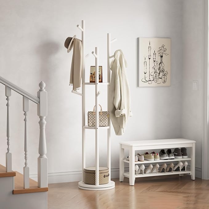Solid Wood Rotary Coat Rack, Freestanding Coat Rack with 3 Shelves and 9 Hooks, Coat tree for Bedroom, Entryway, Livingroom, Coat Hanger Stand for Coats, Scarves, Handbags (White)