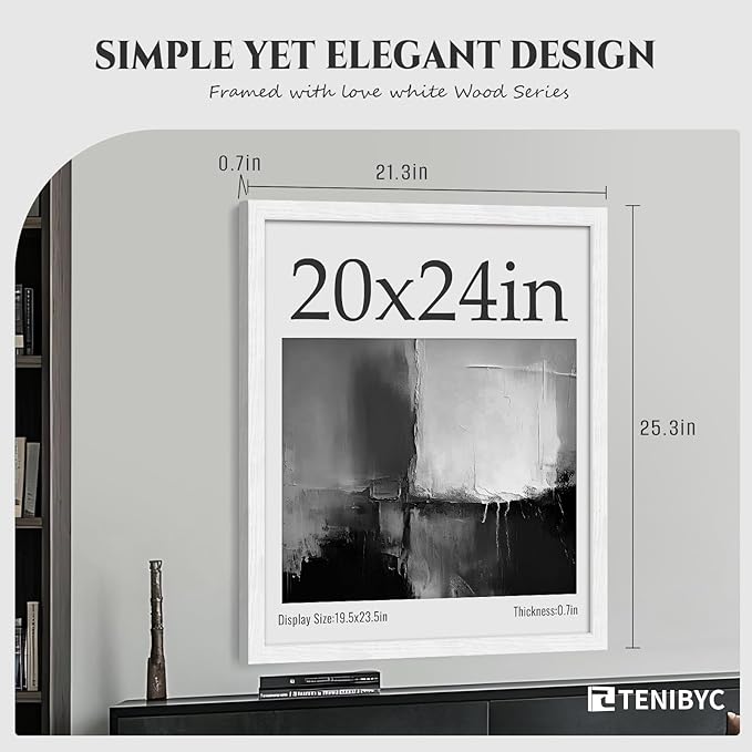 20x24 Picture Frame 4 Pack - White Solid Wood Poster Photo Frame - Woodgrain Series - Room, Office, Gallery, Studio Display - Wall Hanging