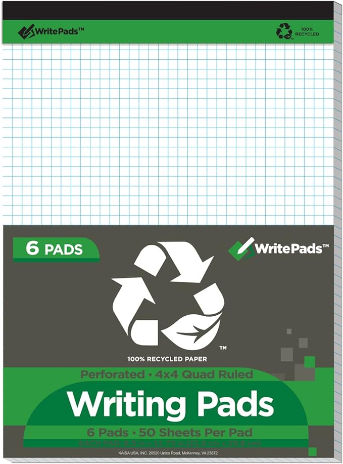 KAISA Graph Paper Legal Pads Writing Pads Recycled Paper 8.5"x11.75" Quad Ruled 4x4 Perforated 50sheets/pad Grid Paper Notepads Writing Tablet White For Office Supplies (White 6pad, 8.5x11.75'')
