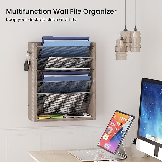 Hanging Wall File Organizer, 6 Tier Wood Wall File Holder with 2 Hooks, Mail Organizer Wall Mounted with Bottom Flat Tray, Vertical Paper Desk Storage for Office, Home, Greige