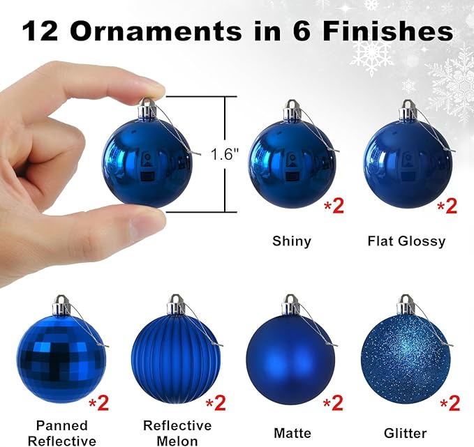 Royal Blue 1.6" Small Christmas Balls Christmas Tree Decoration Ornaments Shatterproof Hanging Balls for Birthday Halloween Holiday Wedding Decorations Set of 12pcs