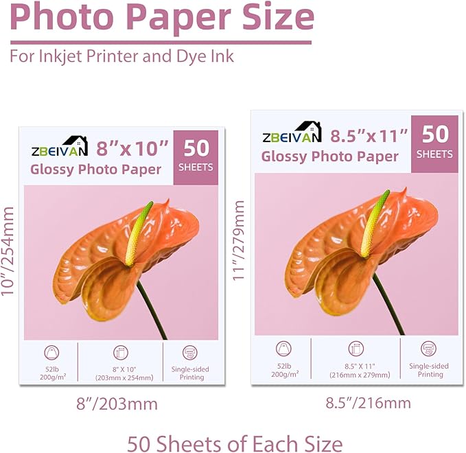 ZBEIVAN Photo Paper 8x10, 8.5x11 inch, Glossy Photo Papers 100 Sheets, 200 GSM Paper for Printer (50 Sheets of each size 8x10, 8.5x11)