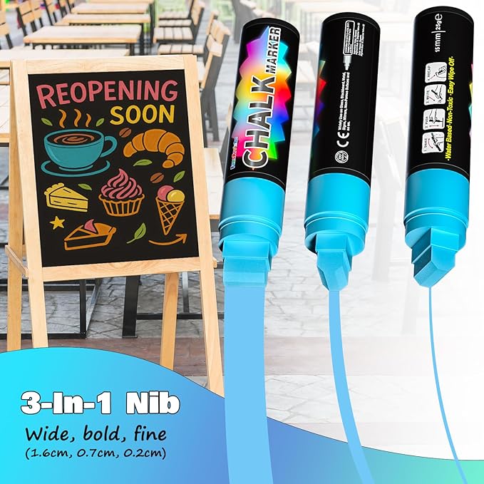 FansArriche Liquid Chalk Markers, 15mm Jumbo Car Window Markers, 8 Pack Erasable Neon Chalk Pens for Chalkboard, Blackboard, Glass, Signs, 3-in-1 Nib