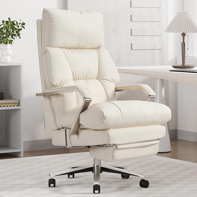 Reclining Office Chair with Footrest - 25.6" Wide Seat & Adjustable Seat Depth, Big and Tall High Back Leather Executive Home Office Desk Chair 400lbs, Cream