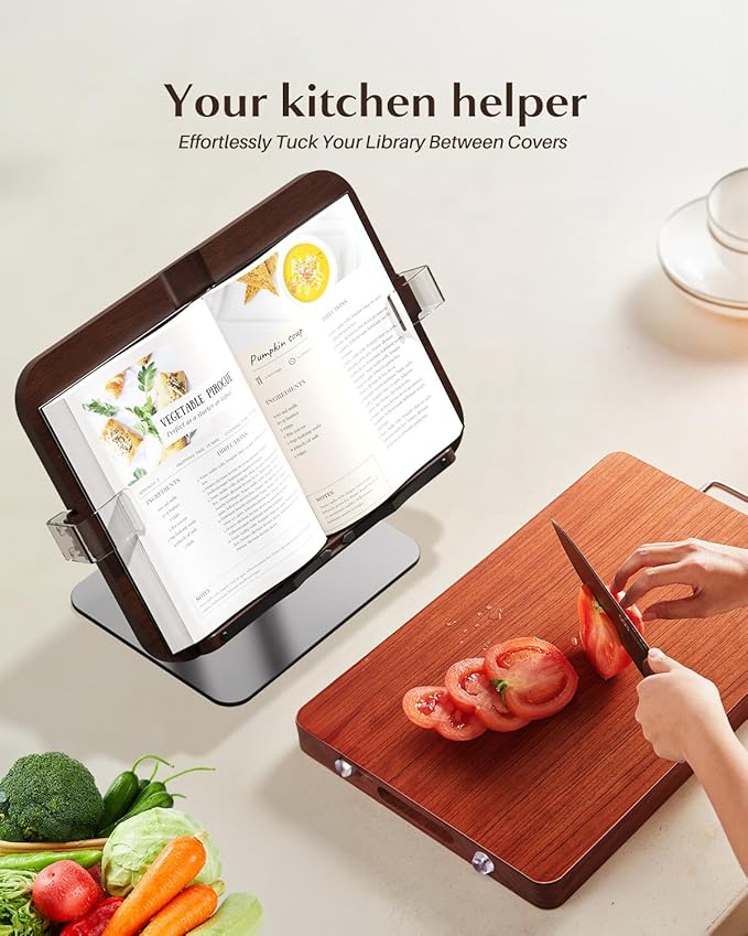 Adjustable Book Stand with 360 Swivel Base, Foldable Cookbook Stand for Recipe Books, Laptops, Textbooks