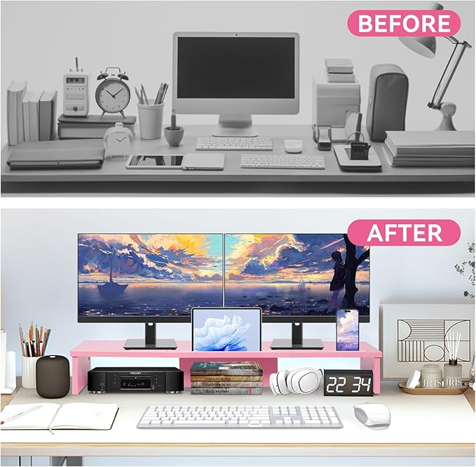 TV Riser Stand with LED Lights, 42.5in Super Large Monitor Stand with Phone Tablet Holder, Tabletop TV Stand Riser for Desk, Desktop Organizer for Computer, TV, Laptop, Printer