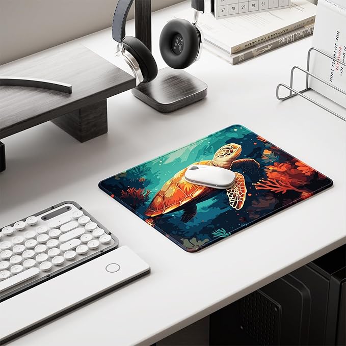Auhoahsil Mouse Pad, 12 x 10 in Animals Theme Computer Mouse Pad for Desk, Premium-Textured Non-Slip Rubber Stitched Edges Waterproof Square Mouse Mat for Gaming Work Wireless Mice, Coral & Turtle