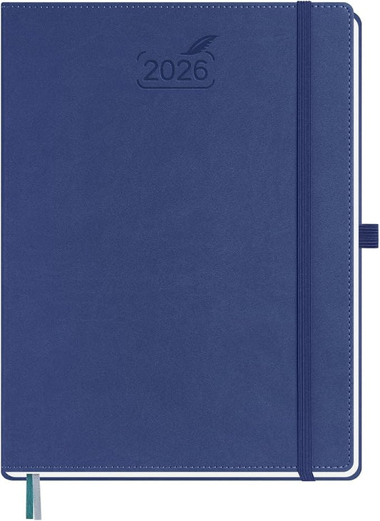 BEZEND 2026 Planner Weekly and Monthly (8.5" x 11") Daily Calendar with Half-Hourly Timeslots & Tab (Jan-Dec) Note & Expenses, Pen Holder, Inner Pocket, Vegan Leather Hardcover - Blueberry