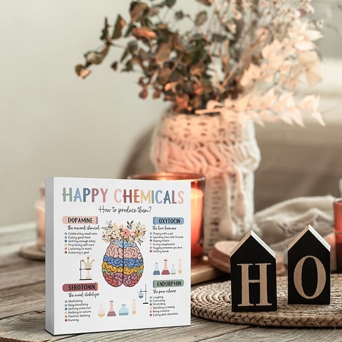 Mental Health Gifts Office Decor, Happy Chemicals Motivational Desk Sign, Counseling Office Must Haves, Positive Affirmations Decorative Accessories Inspirational Tabletop Decor, 5x5 Inch