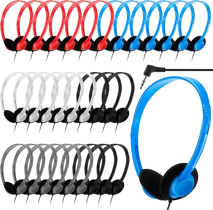 Yunsailing 30 Pack Class Set Headphones for Students Bulk School Headsets Earphones with 3.5mm Jack Classroom Must Haves Teacher Supplies for Adults Laptop Computer(Bright Color)